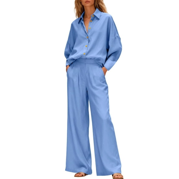 FRSASU Linen Sets for Women 2 Piece Long Sleeve Lapel Button up Shirt Wide Leg Cotton Breathable Pants Suits with Pockets Blue