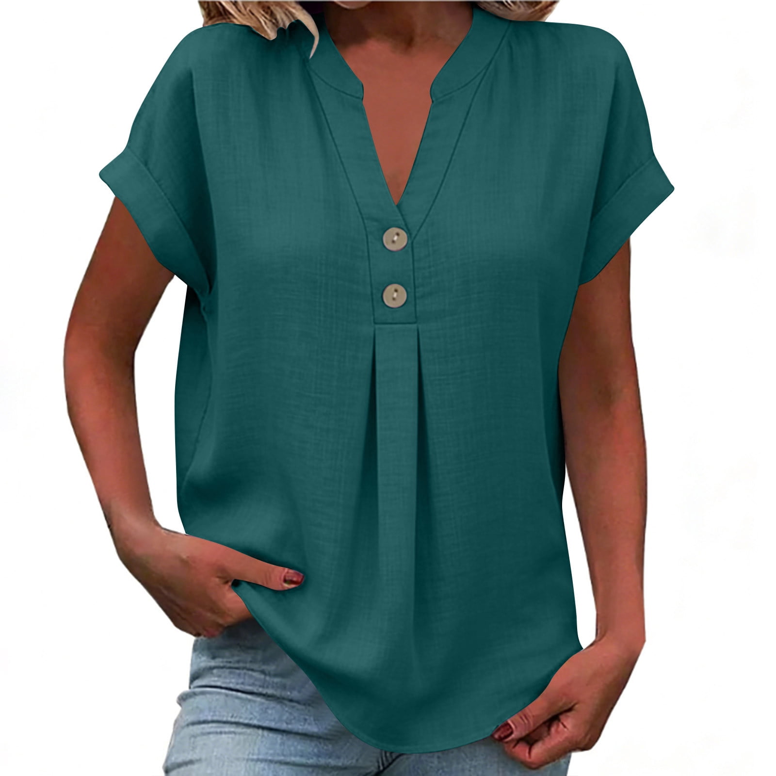 FRSASU Linen Shirts for Women V Neck Button Down Blouse Short Sleeve ...