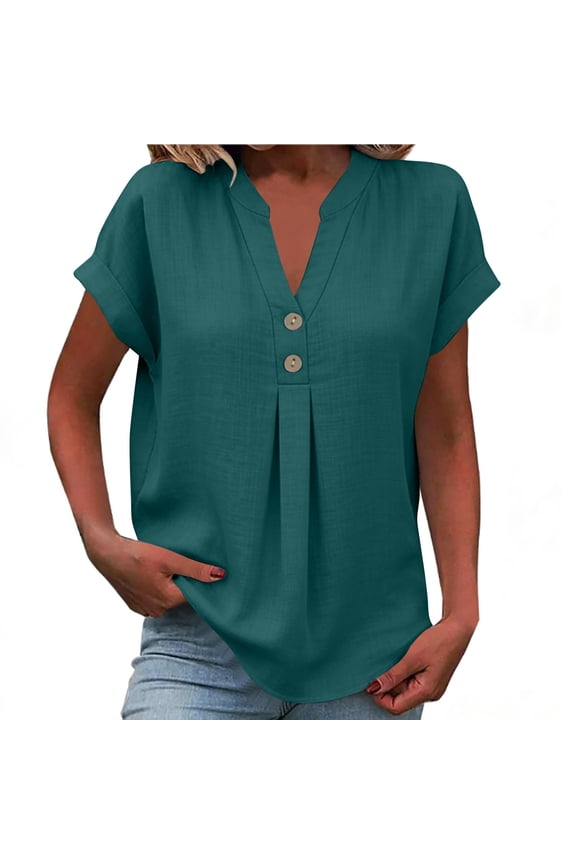 Linen Shirts for Women V Neck Button Down Blouse Short Sleeve office Work Tops Vintage Vacation Tees Shirt Tops Army Green