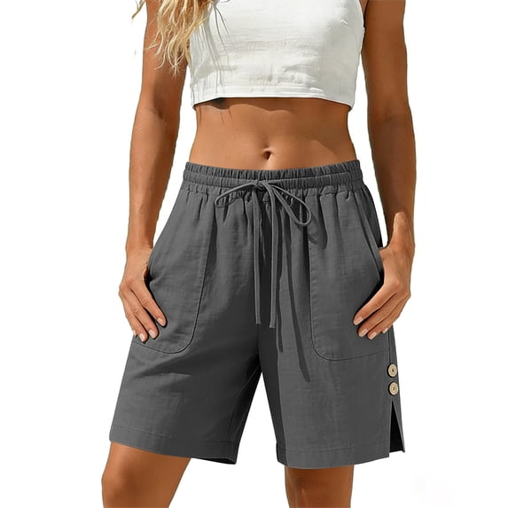 FRSASU Linen Shorts for Women Casual Elastic Waisted Drawstring Summer Trendy Mid Waisted Short with Pockets Gray