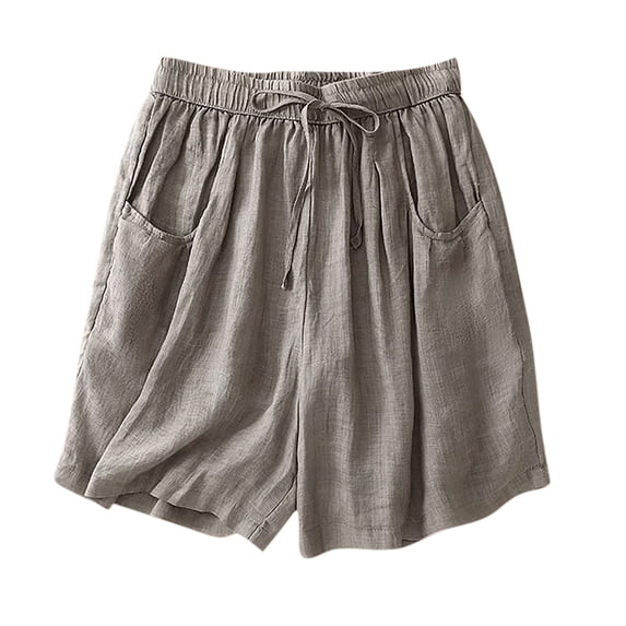 FRSASU Linen Shorts for Women Elastic Waisted Drawstring Casual Loose Comfy Solid Summer Short with Pockets Gray