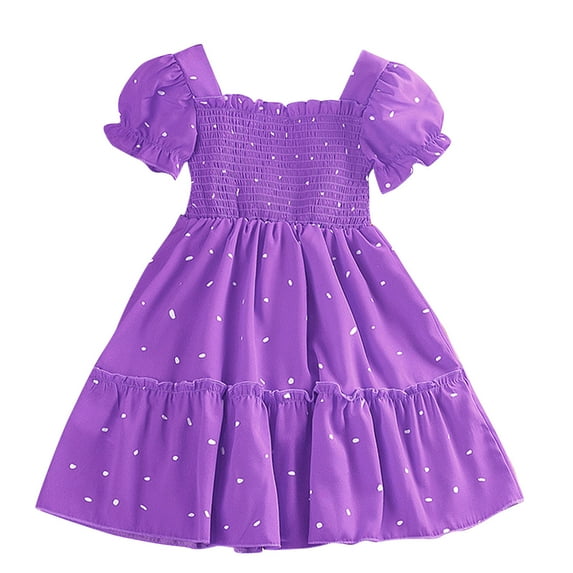 FRSASU Little Girls Polka Dot Princess Dress Bubble Sleeve Elastic Waist Beach Dress Square Neck Casual Dress for Kid Purple 1 Years