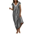 thumbnail image 1 of FRSASU Long Nightgowns for Women Soft Silk Satin Sleepwear Short Sleeve Nightshirt Full Length Lace V-Neck Loungewear Sleep Dress Gray, 1 of 4