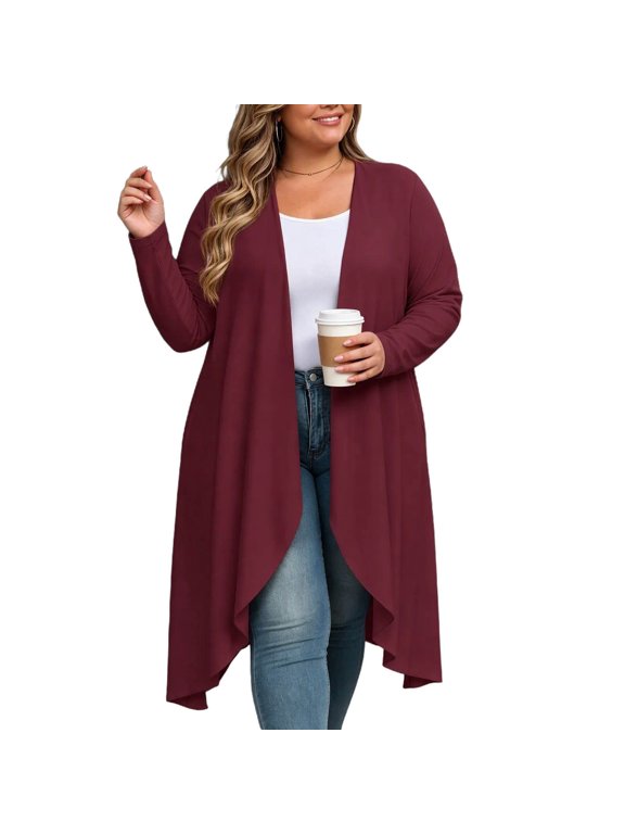 Long Open-Front Cardigan for Women Plus Size Casual Long-Sleeve Knit Duster Coat with Pockets for Winter Layering Red