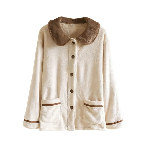 FRSASU Long Sleeve Crewneck Button Down Womens Pajamas Fall Winter Open Front Thicken Cardigan Pajamas Tops with Pockets Beige
