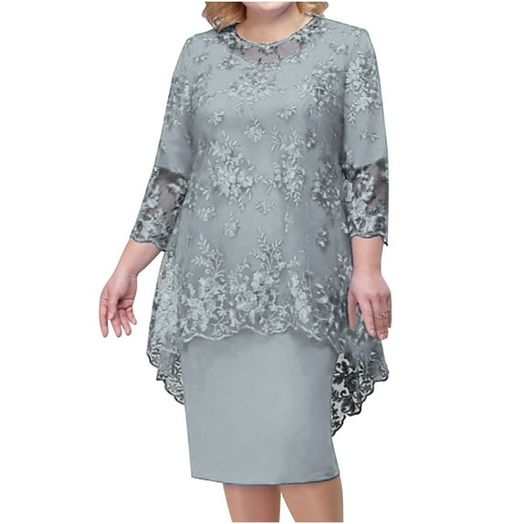 FRSASU Long Sleeve Dress Clearance Women's Plus Size Evening Dress Lace Embroidery Two Piece Set Temperament Fit Dress Gray 8(L)