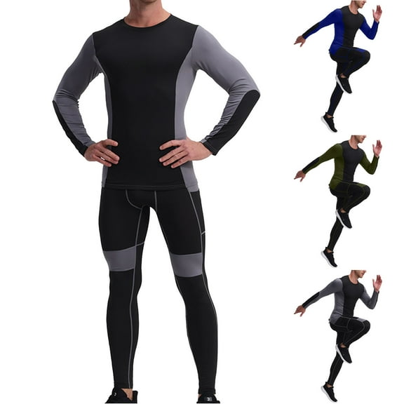 FRSASU Long Sleeve High Elasticity Round Neck Compression Shirts for Men Running Athletic Workout Base Layer Gray