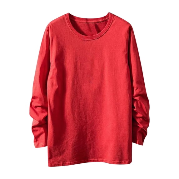 FRSASU Long Sleeve Shirts for Men Crew Neck Basic Cotton T-Shirts Loose Fit Lightweight Soft Casual Solid Pullover Red