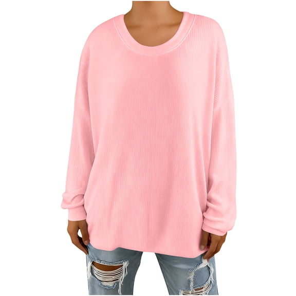 FRSASU Long Sleeve Shirts for Women Crewneck Loose Tops Business Solid Casual Pullover Shirts Trendy Winter Fashion Clothes Pink