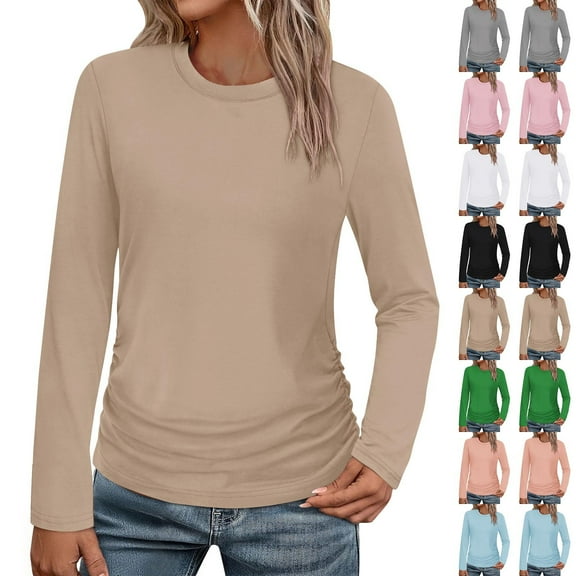 FRSASU Long Sleeve Shirts for Women Fall Fashion Solid Casual Round Neck Hem Pleated Basic Loose Tops White XL(XL)