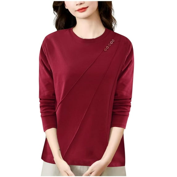 FRSASU Long Sleeve Shirts for Women Fall/Winter Fashion Solid Color Casual T Shirt Round Neck Basic Loose Tops Red XL(XL)