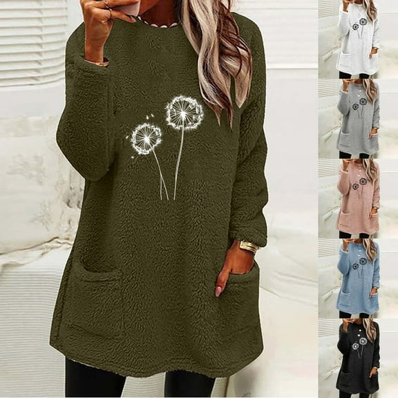 FRSASU Long Sleeve Shirts for Women Fall/Winter Plush Thickening Long Sleeve Dandelion Print Loose Fit Warm Tops with Pockets White XL(XL)