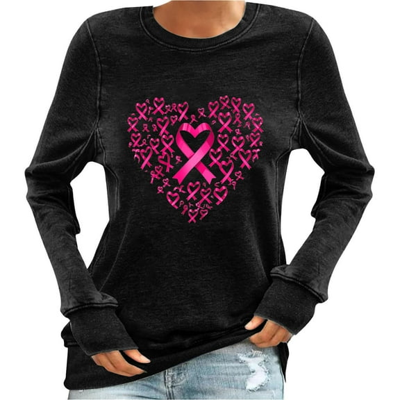 FRSASU Long Sleeve Shirts for Women Fashion Fall Round Neck Long Sleeve Breast Cancer Print Casual Loose Blouses Tops Black M(M)