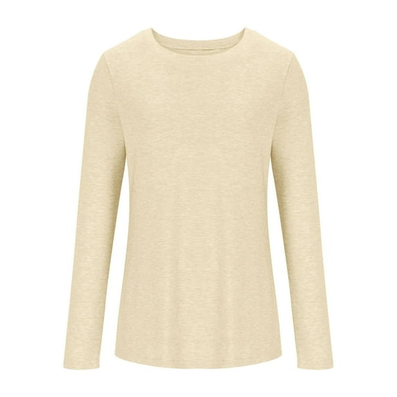FRSASU Long Sleeve Shirts for Women Solid Color Casual Soft Crewneck Basic Tee Tops Fall Clothes Beige