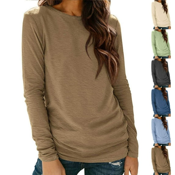 FRSASU Long Sleeve Shirts for Women Solid Color Casual Soft Crewneck Basic Tee Tops Fall Clothes Green