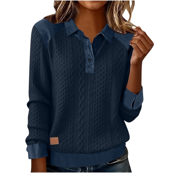 FRSASU Long Sleeve Sweaters for Women Fashion Denim Patchwork Pullover Buttons up Casual Shirts Tops Navy