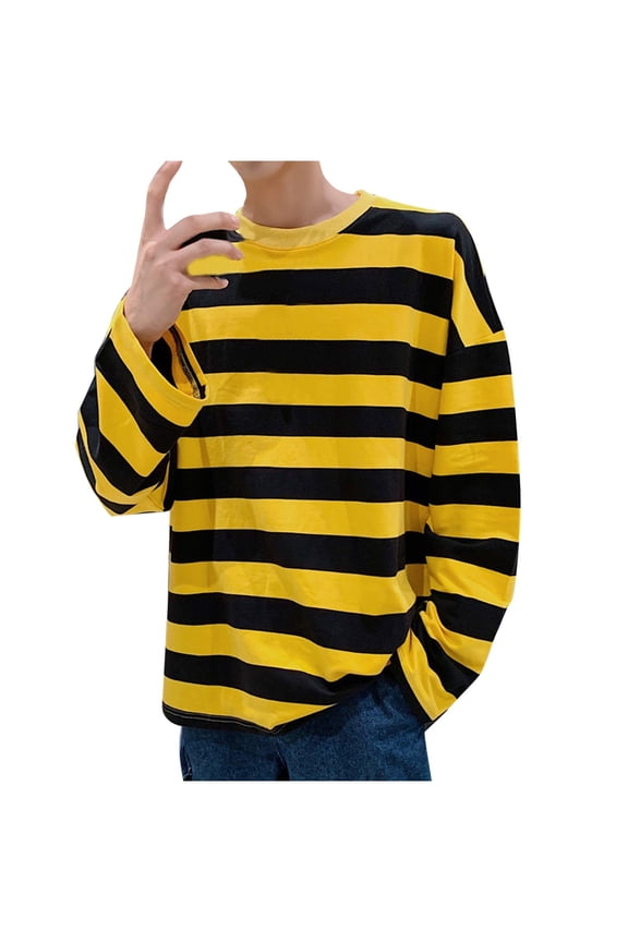 Long Sleeve T-Shirt for Men Trendy Round Neck Casual Solid Color Classic Striped Pattern Pullover Tops Yellow