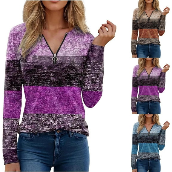 FRSASU Long Sleeve Tunic Tops for Women V Neck Blouse Casual Color Block Zipper Fashion Shirts Tops Purple XL(XL)