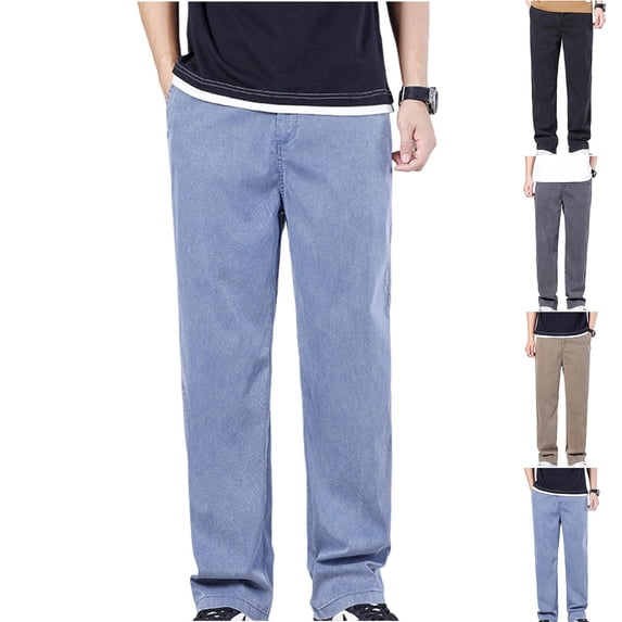 FRSASU Loose Straight Leg Denim Pants for Men Stretch Cotton Solid Elastic Waist Drawstring Casual Jeans with Pockets Gray