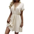 thumbnail image 1 of FRSASU Loose Swing Dress for Women V-Neck Casual Short Mini Dress Summer Beach Patchwork Dresses Beige, 1 of 6