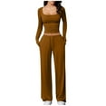 thumbnail image 1 of FRSASU Lounge Fashiion Sets for Women 2 Piece Outfits Solid Long Sleeve Square Collar Tops with Wide Leg Pocket Drawstring Pants Matching Sets Brown S(S), 1 of 9