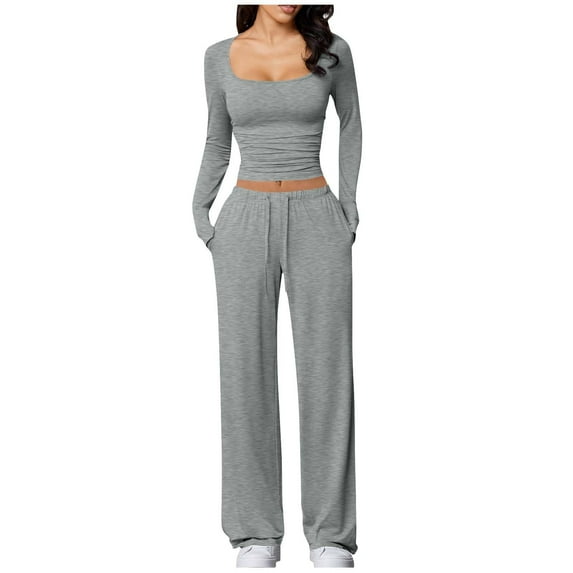 FRSASU Lounge Fashiion Sets for Women 2 Piece Outfits Solid Long Sleeve Square Collar Tops with Wide Leg Pocket Drawstring Pants Matching Sets Gray L(L)