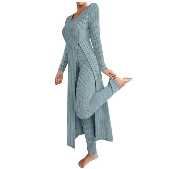 FRSASU Lounge Sets for Women Round Neck Long Sleeve Knit Ribbed Pajama Sets 2 Piece Solid Color Casual Loungewear Light Blue
