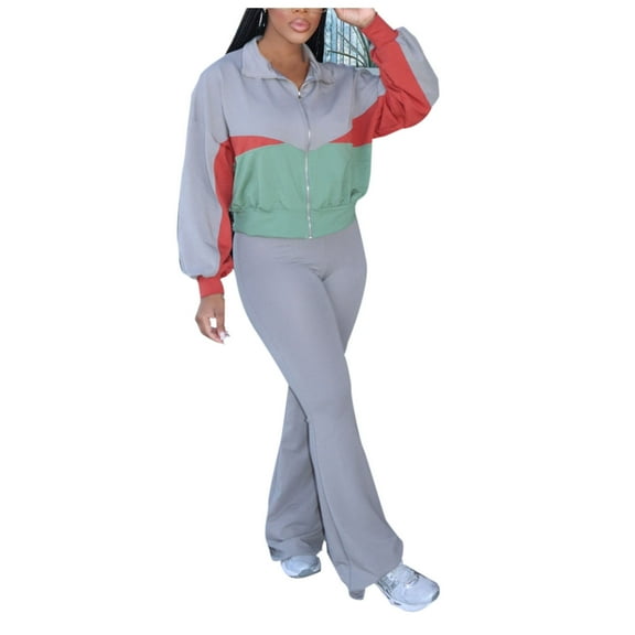 FRSASU Lounge Sets for Women Sweatsuit 2 Piece Outfits Long Sleeve Lapel Sweatshirt Wide Leg Sweatpant Tracksuit Matching Set Gray