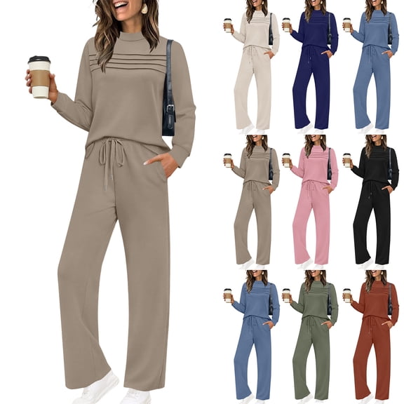 FRSASU Lounge Sets for Womens 2 Piece Outfits Crewneck Long Sleeve Tops Wide Leg Pants Casual Travel Sweatsuit Pink