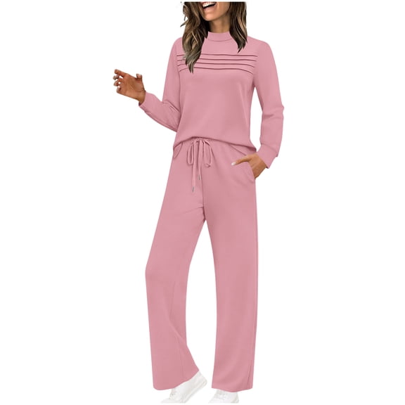 FRSASU Lounge Sets for Womens 2 Piece Outfits Crewneck Long Sleeve Tops Wide Leg Pants Casual Travel Sweatsuit Pink