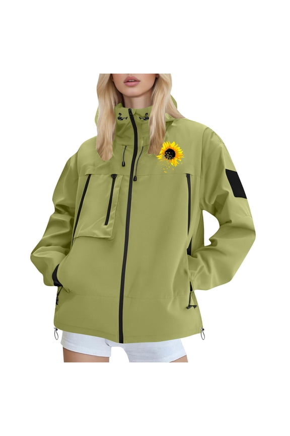 Lover Rain Jacket Zipper Sunflower Print Waterproof Breathable Thin Raincoat Travel Outdoor Windbreaker Hooded Jacket Green XXL(XXL)