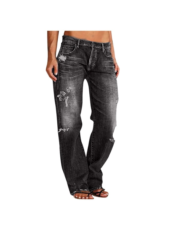 Low Rise Straight Leg Jeans for Women Ripped Distressed Boyfriend Denim Pants Baggy with Pockets Gray
