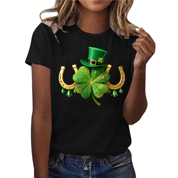 FRSASU Lucky Shamrock V Neck Shirt for Women St Patrick's Day Funny Clover T Shirt Patty's Shamrock Saint Tops Spring Tee Black
