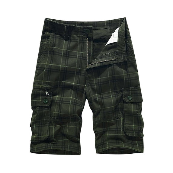 FRSASU Mans Plaid Button Short Fashion Zipper Cargo Casual Short with Pockets Army Green