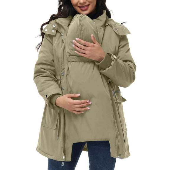 FRSASU Maternity Winter Cotton Padded Coat, 3 In 1 Detachable Thickened Waterproof Jacket, Quilted Lined Warm Hooded Outwear with Pockets Beige