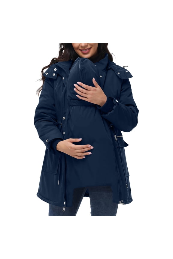 Maternity Winter Cotton Padded Coat, 3 In 1 Detachable Thickened Waterproof Jacket, Quilted Lined Warm Hooded Outwear with Pockets Navy