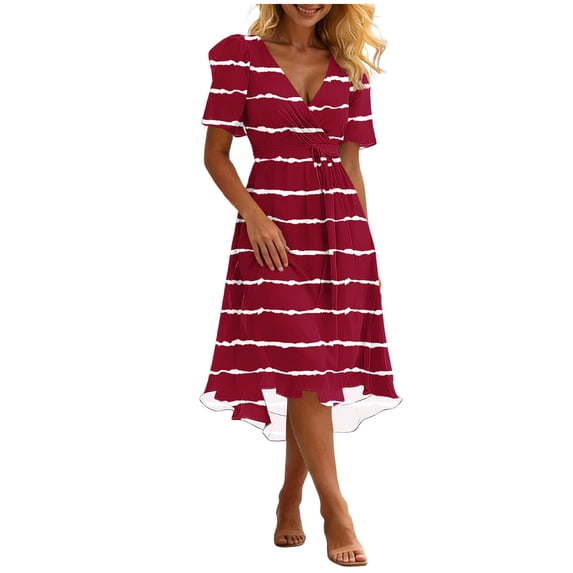 FRSASU Maxi Dresses for Women Casual Summer Stripe Printing Short Sleeve Boho Flowy A-Line Loose Beach Dress Red-A