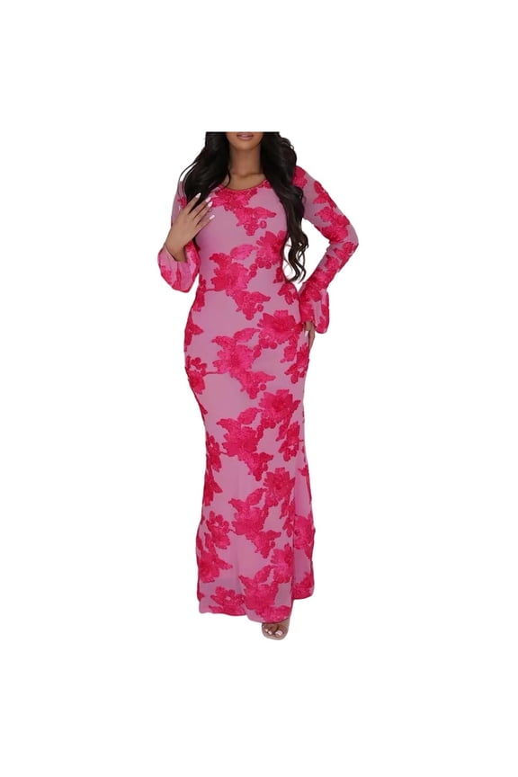 Maxi Dresses for Women Elegant Classy Fall Winter Long Bell Sleeve Ruched Bodycon Fitted Cocktail Party Dress Hot Pink