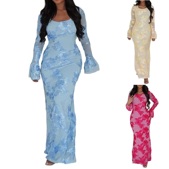 FRSASU Maxi Dresses for Women Elegant Classy Fall Winter Long Bell Sleeve Ruched Bodycon Fitted Cocktail Party Dress Hot Pink