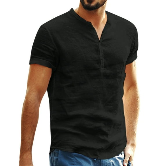 FRSASU Men Blouse Baggy Cotton Linen Soid Color Short Sleeve Retro T Shirts Tops Blouse