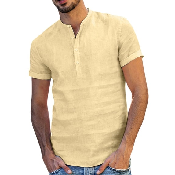 FRSASU Men Blouse Baggy Cotton Linen Soid Color Short Sleeve Retro T Shirts Tops Blouse
