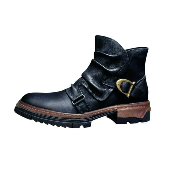 FRSASU Men Boots Clearance,Men'S Winter Belt Buckle Side Zipper Square Heel High Top Solid Color Boots