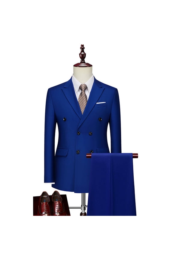 Men Business and Leisure Suits 2 Piece Double Breasted Long Pants Long Sleeved Lapel formal Suits Set for Men Blue