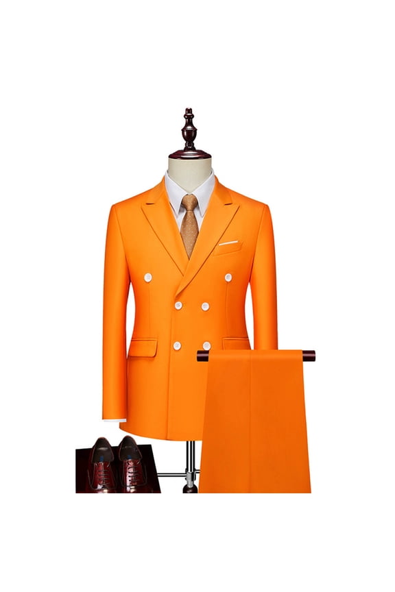 Men Business and Leisure Suits 2 Piece Double Breasted Long Pants Long Sleeved Lapel formal Suits Set for Men Orange