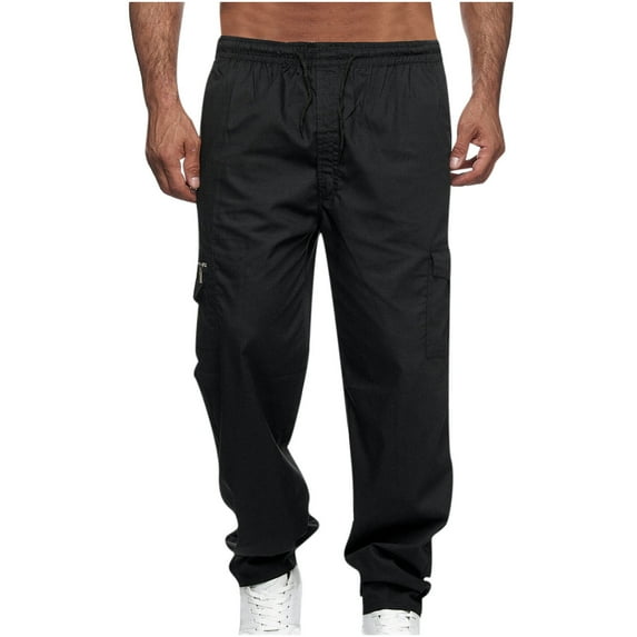 FRSASU Men Cargo Pants Solid Multiple Pockets Tether Closure Outdoor Straight Type Fitness Pants Cargo Pants Trousers Black L
