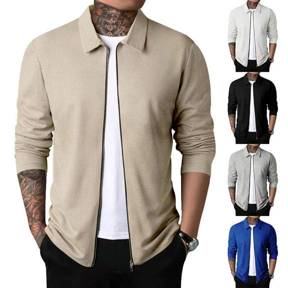 FRSASU Men Casual Lightweight Jackets Lapel Collar Zipper Closure Solid Color Long Sleeve Waffle Jackets White
