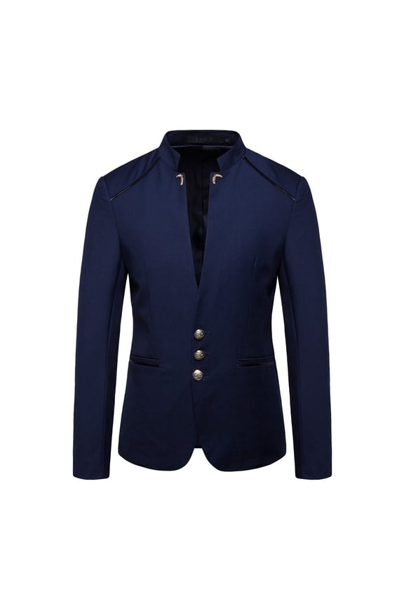 Men Casual Suit Blazer Jackets Stand Collar Business Sport Coats Jacket Slim Fit Button Solid Chinese Tunic Suits Prom Blue