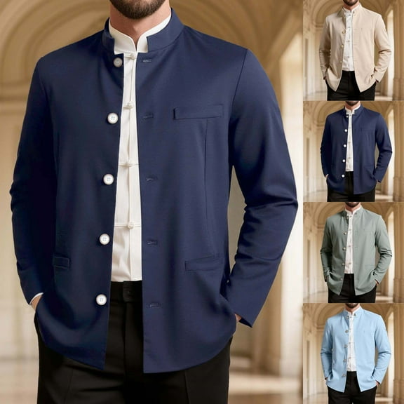 FRSASU Men Casual Suit Blazer Jackets Stand Collar Business Sport Coats Jacket Slim Fit Button Solid Chinese Tunic Suits Prom Navy