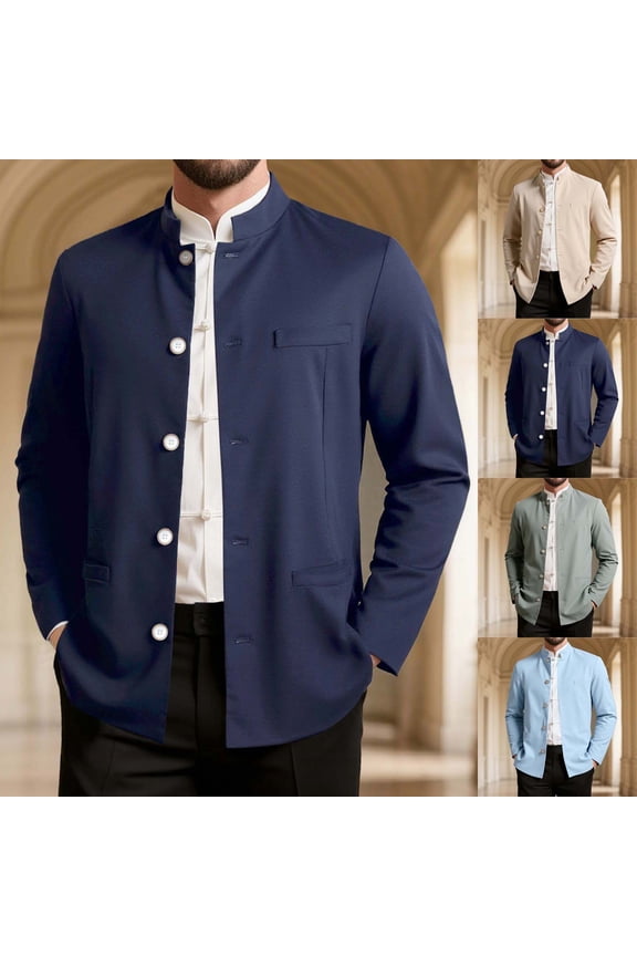 Men Casual Suit Blazer Jackets Stand Collar Business Sport Coats Jacket Slim Fit Button Solid Chinese Tunic Suits Prom Navy