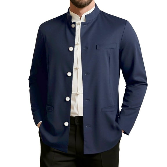 FRSASU Men Casual Suit Blazer Jackets Stand Collar Business Sport Coats Jacket Slim Fit Button Solid Chinese Tunic Suits Prom Navy